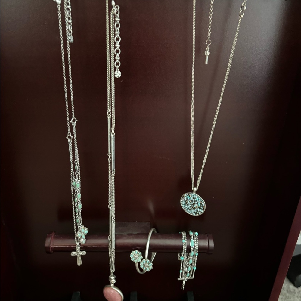 Lucky Brand jewelry- 3 silver necklaces and 2 silver/turquoise bracelets.